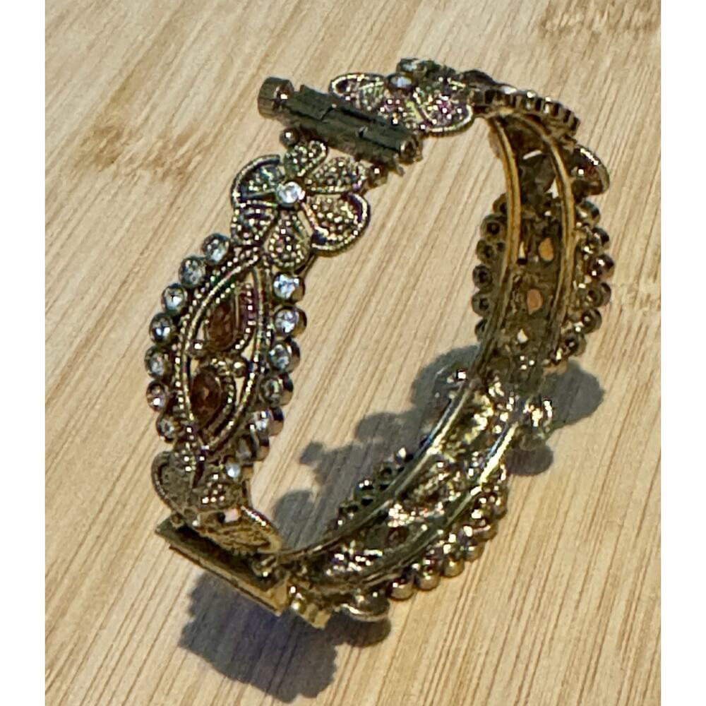 Vintage Etruscan Revival Filigree Rhinestone Amber Glass Bracelet